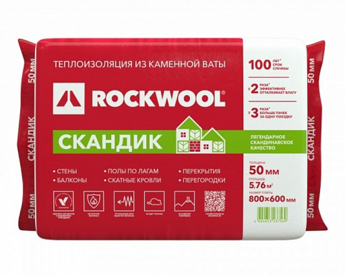 Rockwool Лайт Баттс Скандик 800х600х100мм (2.88 м2, 0.288 м3)